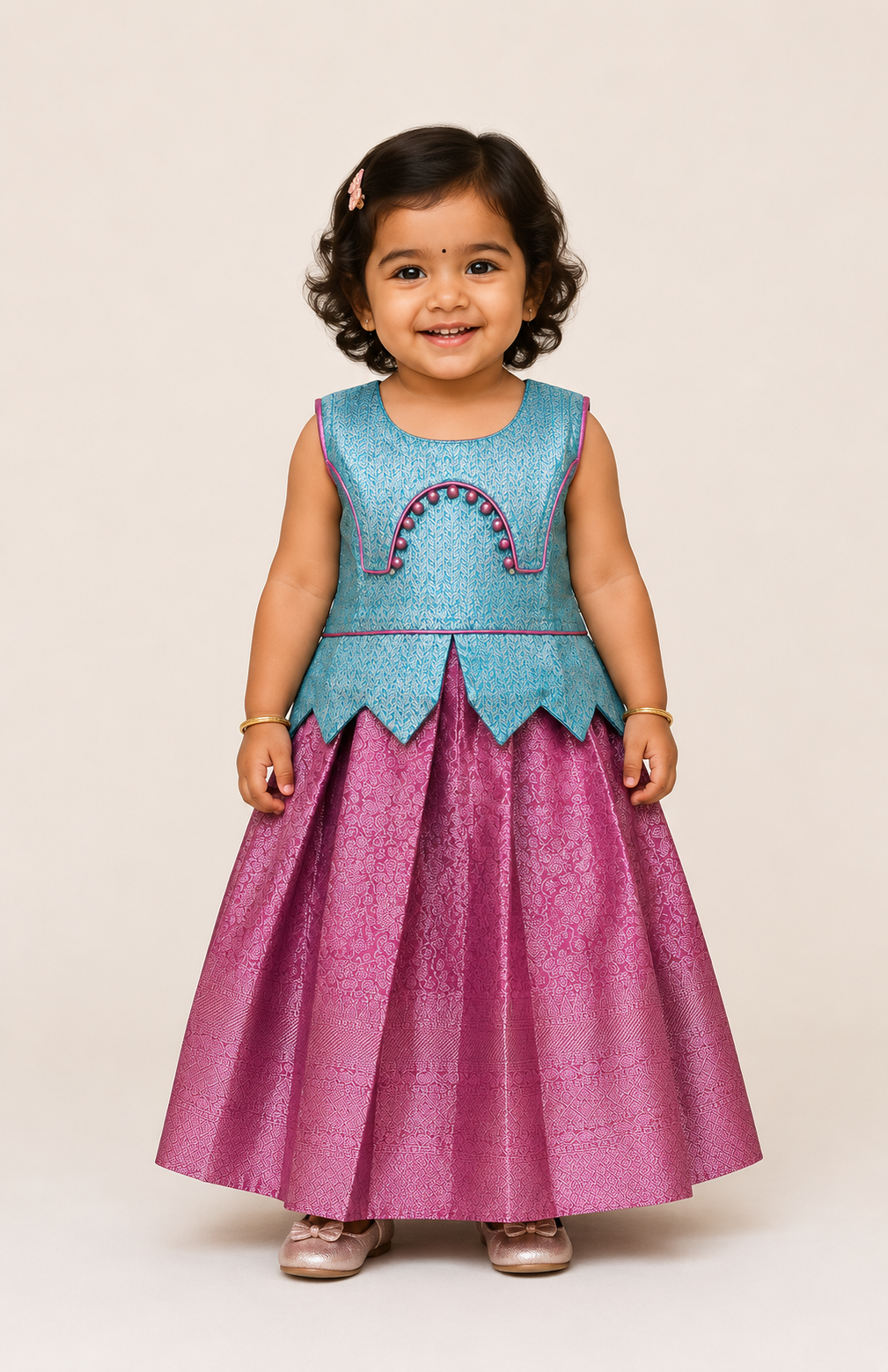 Premium Girls Traditional wear - Pattu pavadai sattai for girl babies -Sea Green with Pink